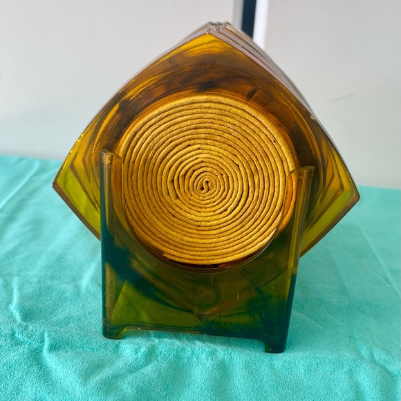 Vintage Amber Smoke Acrylic Yellow Rafia Coaster Set of 8 - Picture 2 of 7